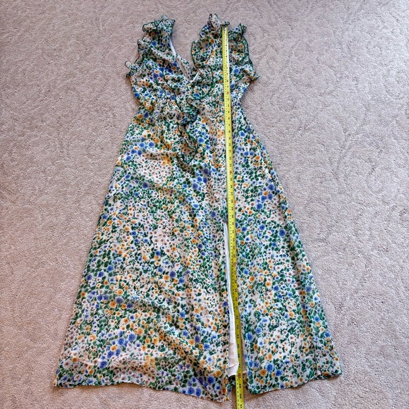 ZARA Floral Chiffon Midi Dress Green Yellow Ruffle Slit Size Small Romantic EUC - Picture 11 of 11